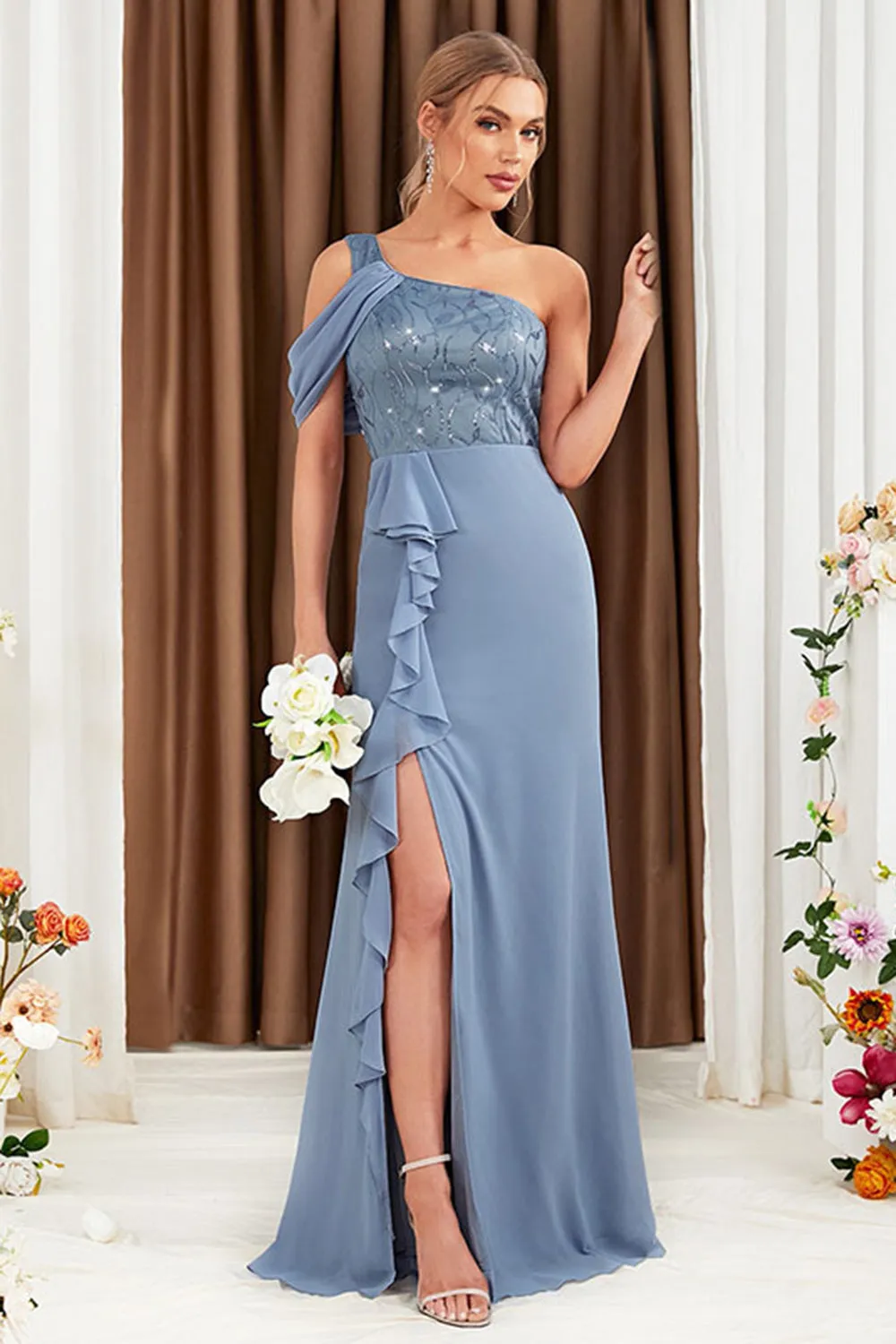 Grey Blue One Shoulder Mermaid Appliques Maxi Dress with Slit