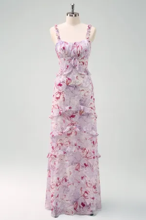 Grey Purple Sheath Floral Maxi Dress with Ruffles