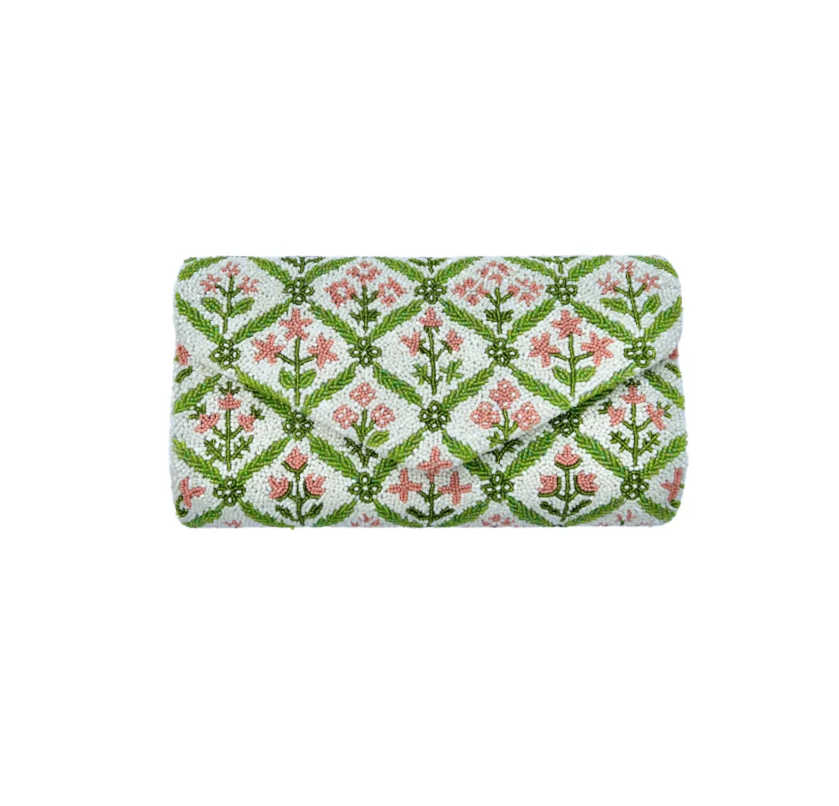 Hand beaded pink and green block print floral clutch *in stock ships now*