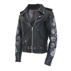 Hot Leathers JKL2002 Women's Black 'Rose Embroidered' Motorcycle Style Leather Jacket