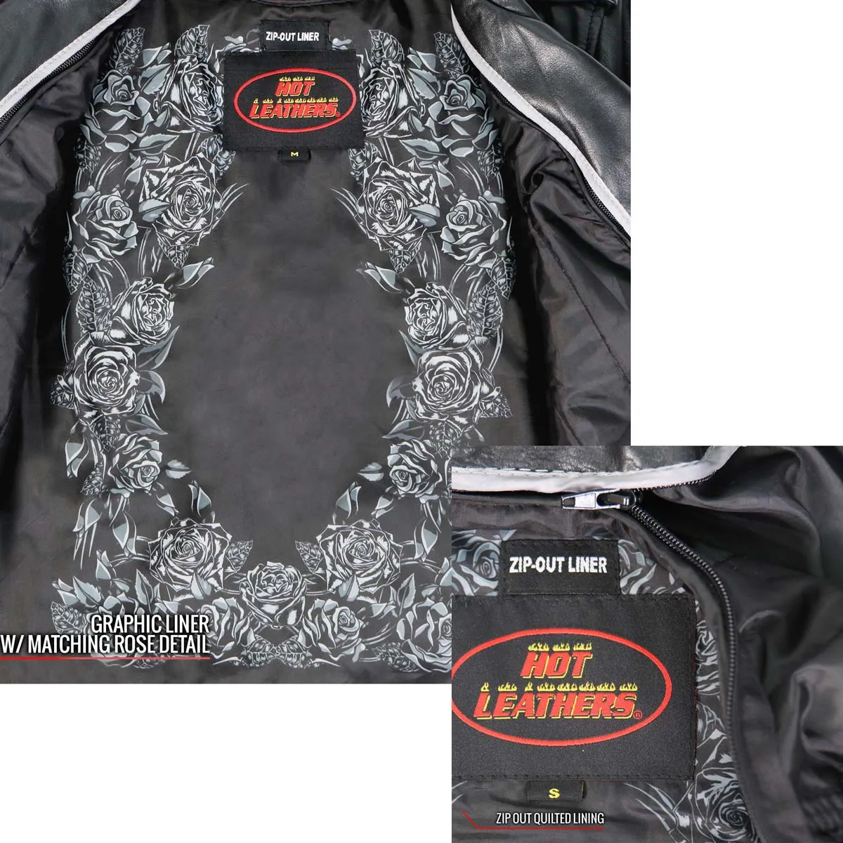 Hot Leathers JKL2002 Women's Black 'Rose Embroidered' Motorcycle Style Leather Jacket