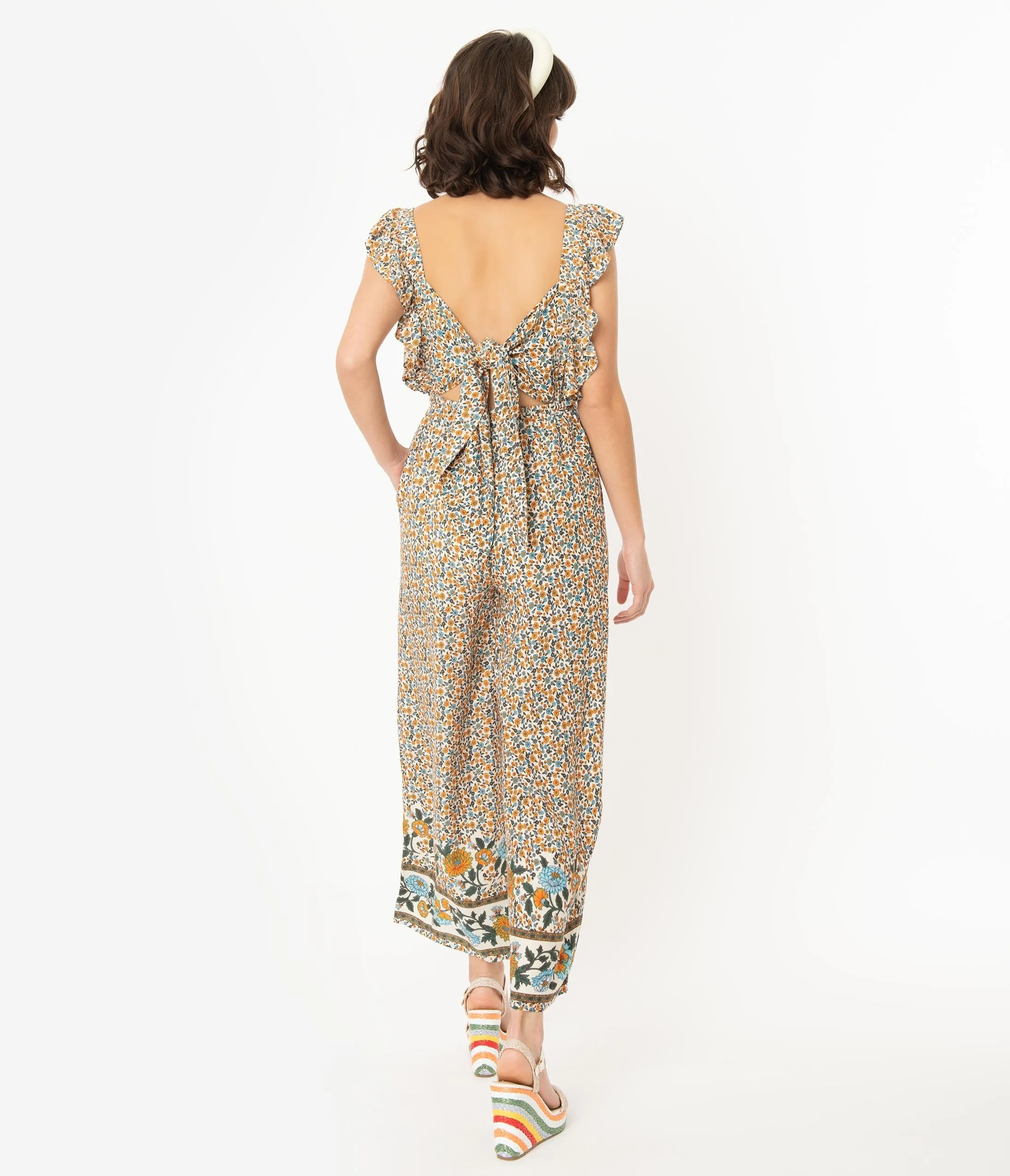 Ivory Floral Print Apron Jumpsuit