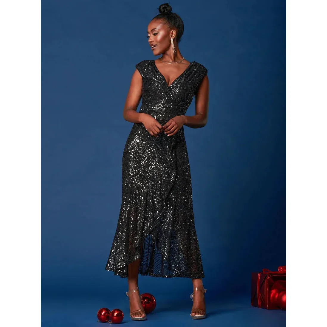 Jolie Moi Black Wrap Ruffle Hem Sequin Dress