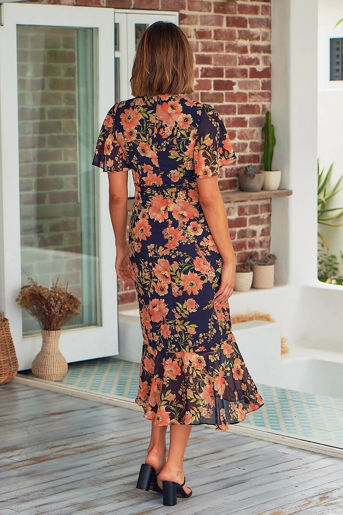 Kara Floral Navy Orange Chiffon X/Over Maxi Dress