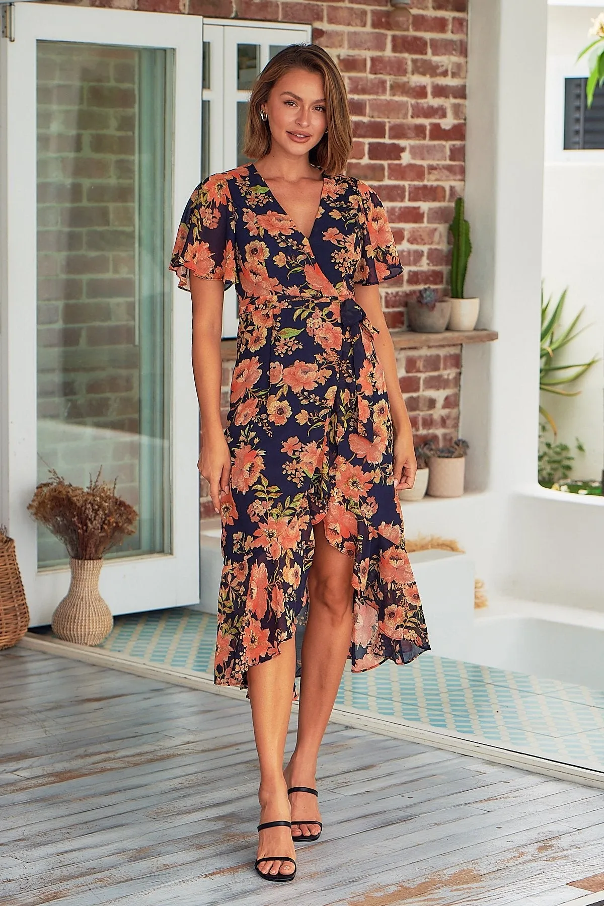 Kara Floral Navy Orange Chiffon X/Over Maxi Dress