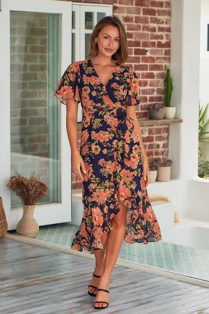 Kara Floral Navy Orange Chiffon X/Over Maxi Dress