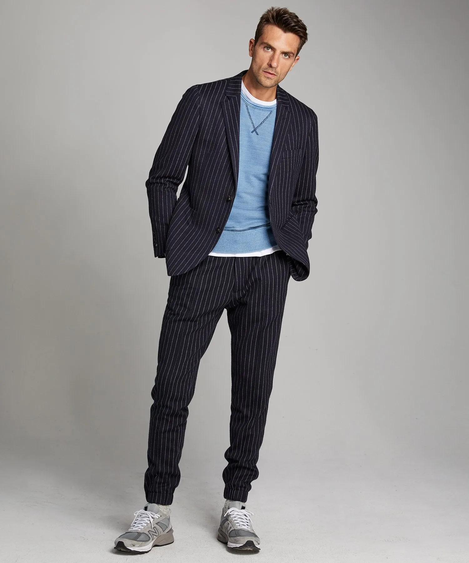 Knit Traveler Suit Jacket in Navy Pinstripe