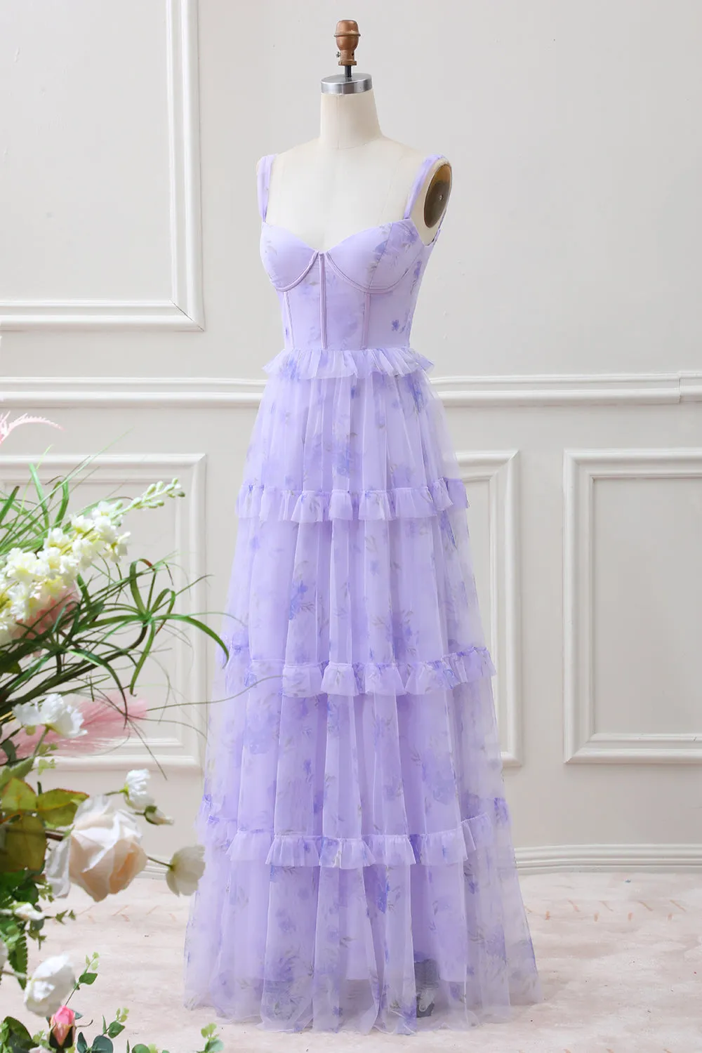 Lavender A Line Corset Spaghetti Straps Floral Tiered Maxi Dress