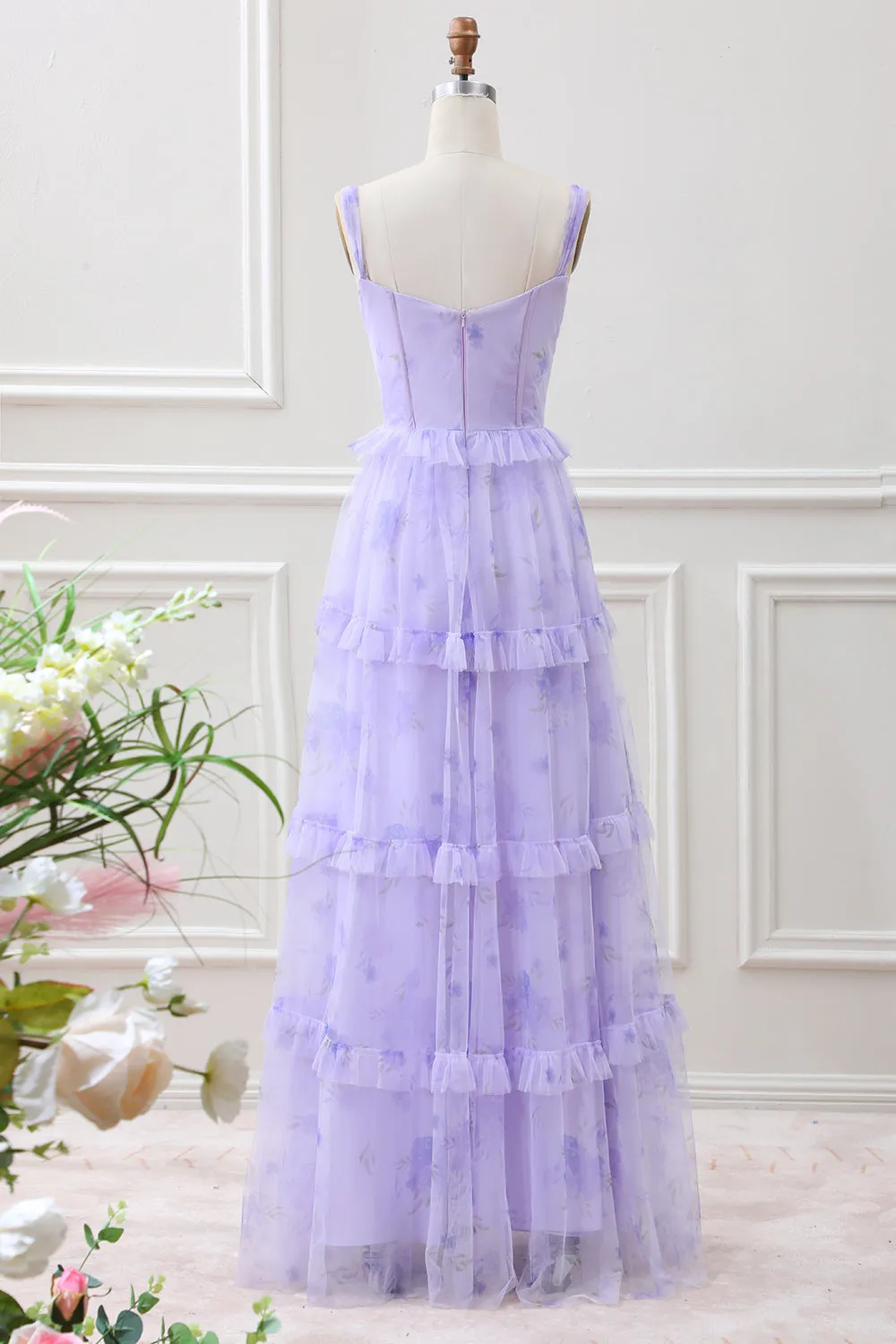 Lavender A Line Corset Spaghetti Straps Floral Tiered Maxi Dress