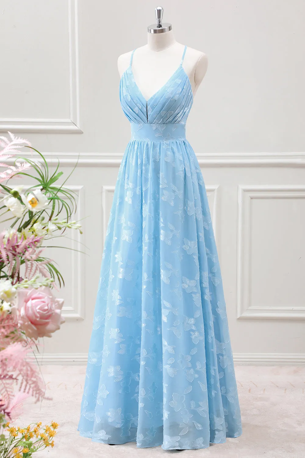 Light Blue A Line Pleated Maxi Dress with Butterfly Appliques