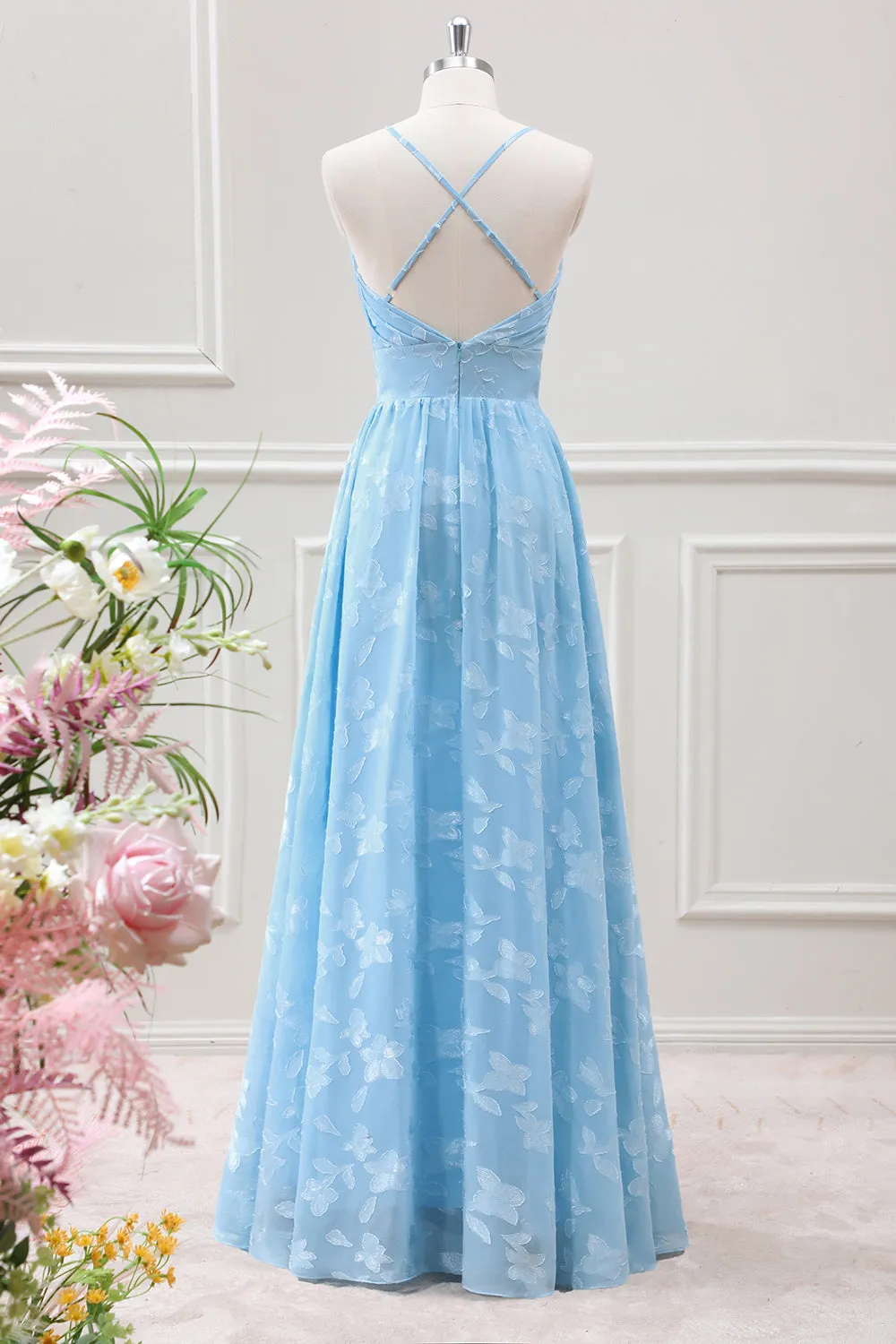 Light Blue A Line Pleated Maxi Dress with Butterfly Appliques