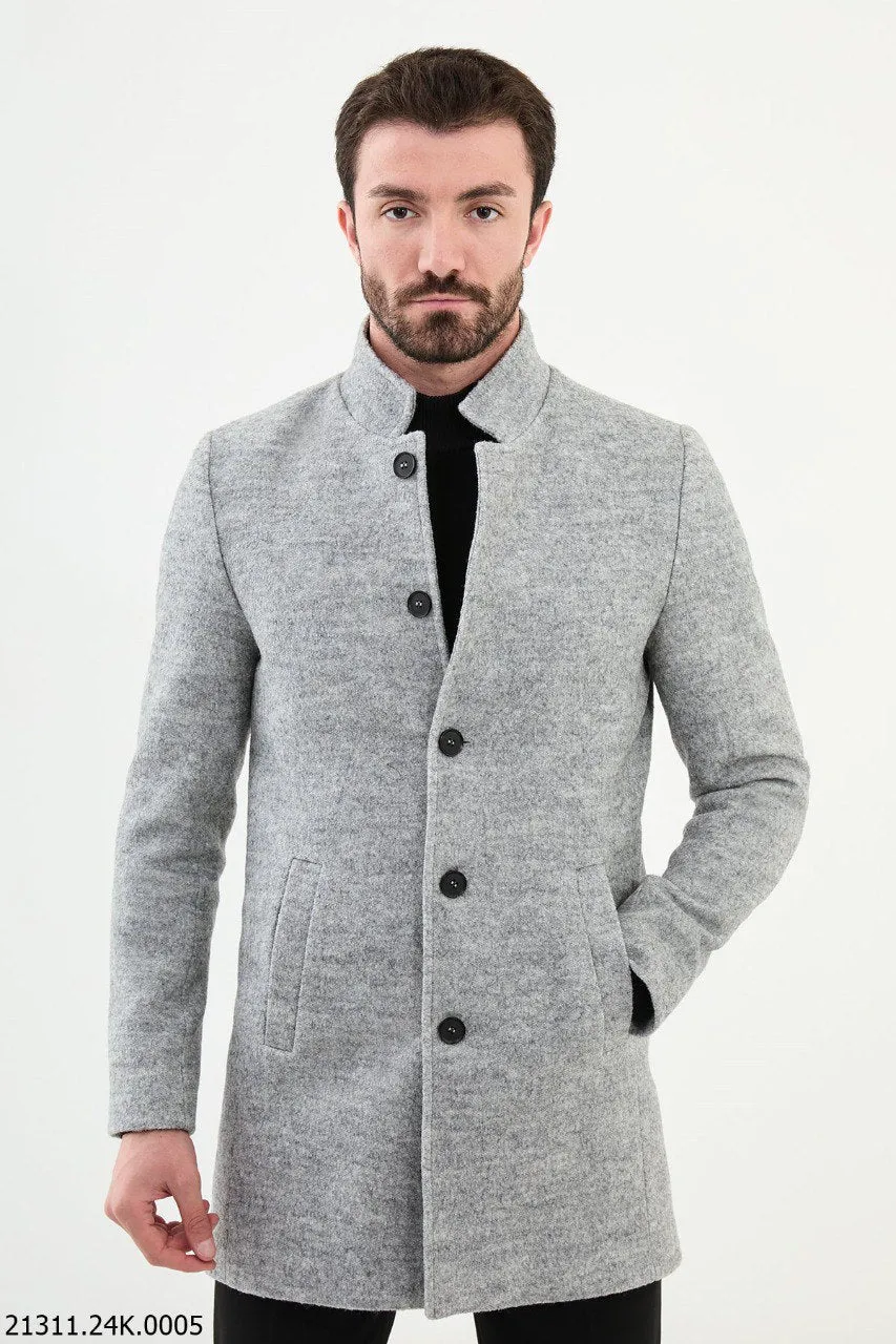 Light Gray Stand Collar Fall-Winter Cotton Blend Coat