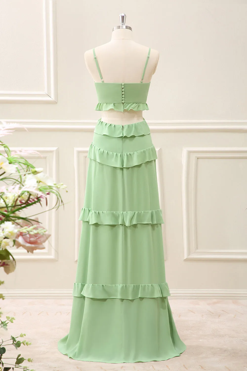 Light Green Chiffon Cut Out Maxi Dress with Ruffles