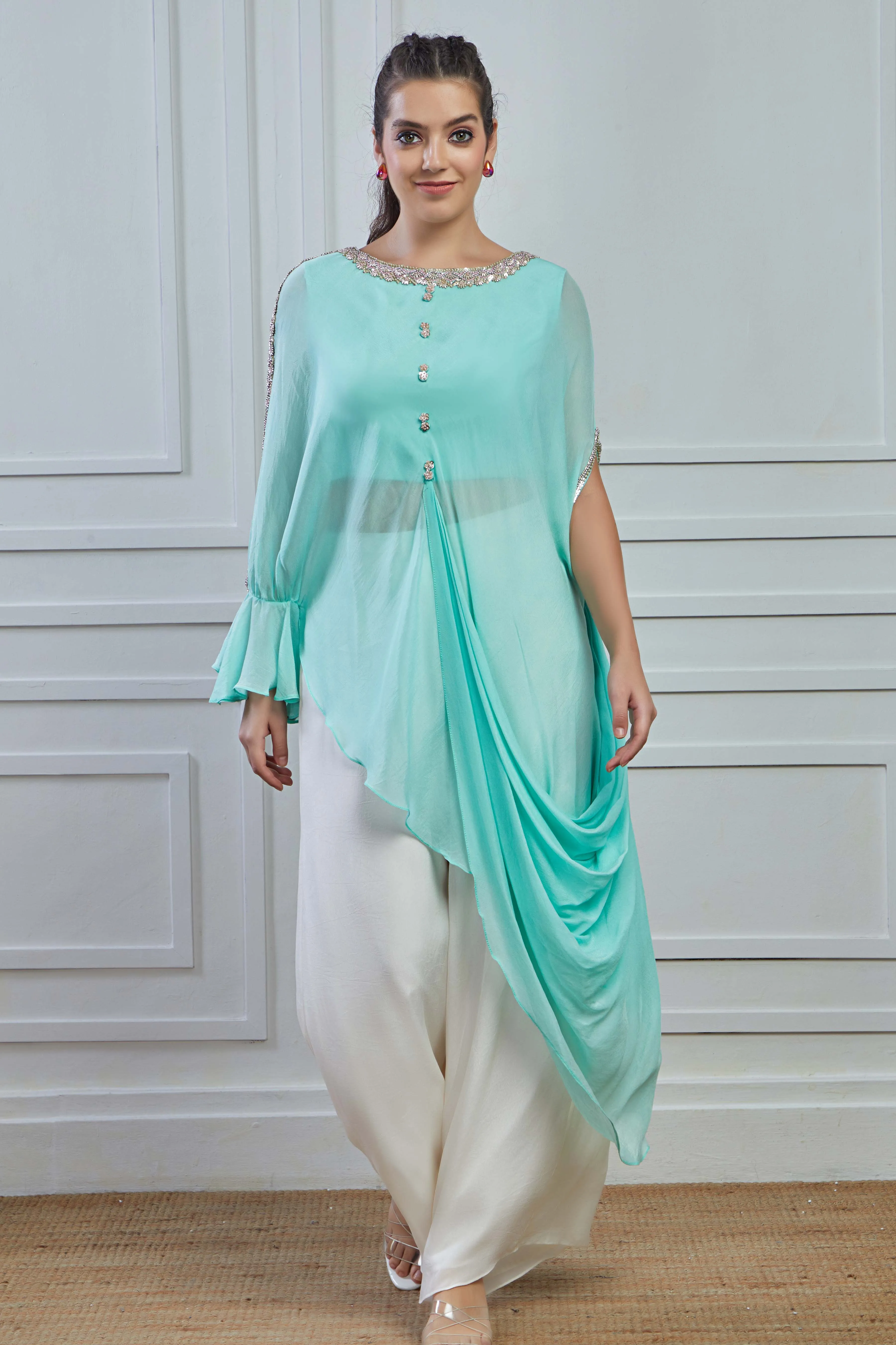 Light Teal Solid Crepe Silk Draped Tunic Palazzo Set