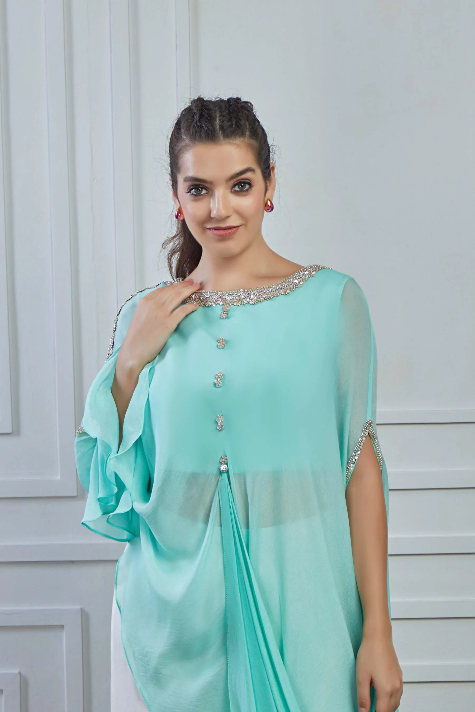 Light Teal Solid Crepe Silk Draped Tunic Palazzo Set