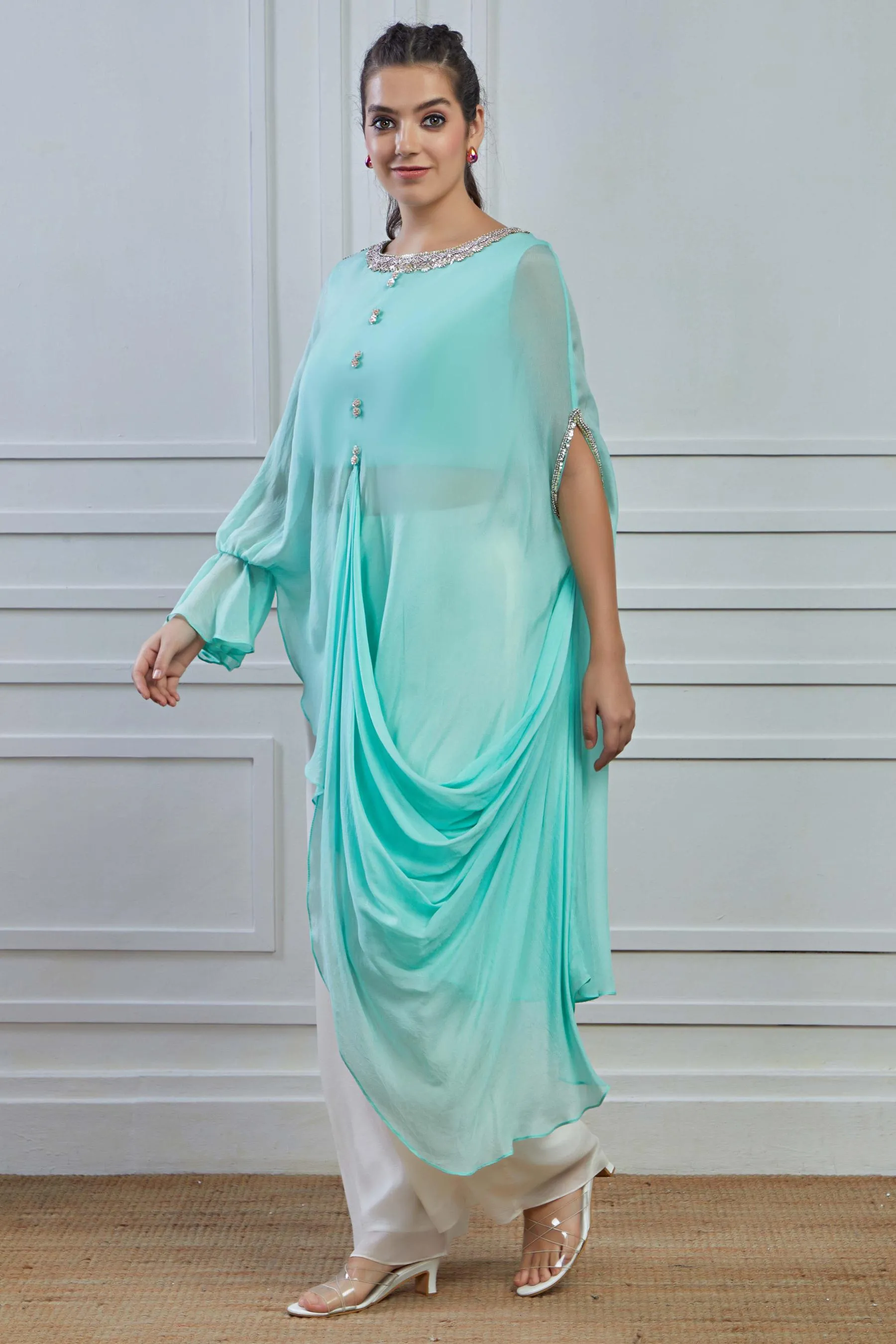 Light Teal Solid Crepe Silk Draped Tunic Palazzo Set