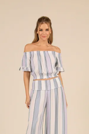 Lilac Summer Stripe Off Shoulder Bell Sleeve Top