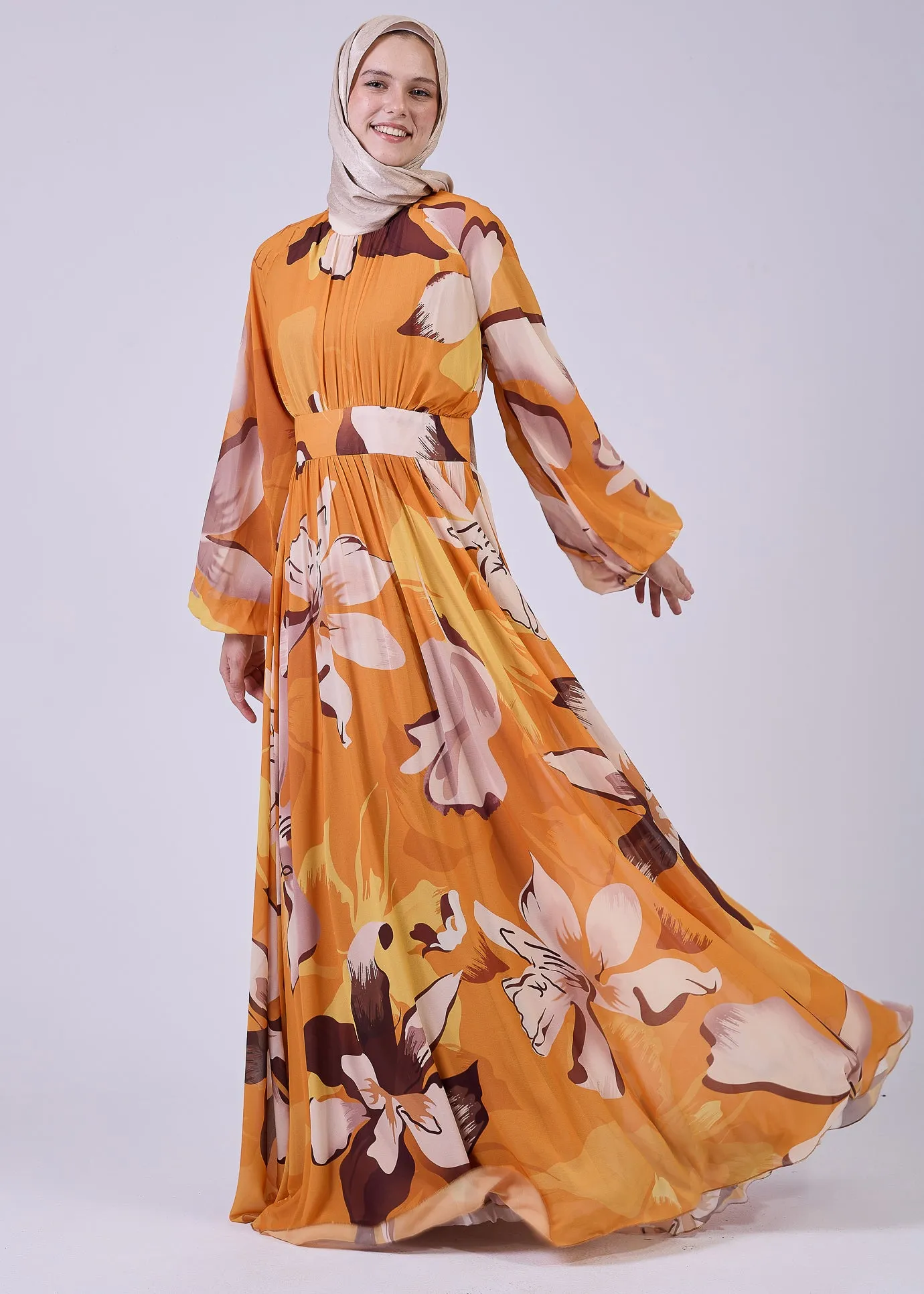 Mariyah Autumnal Bloom Modesty Dress in Bold Floral Print – Chiffon Maxi