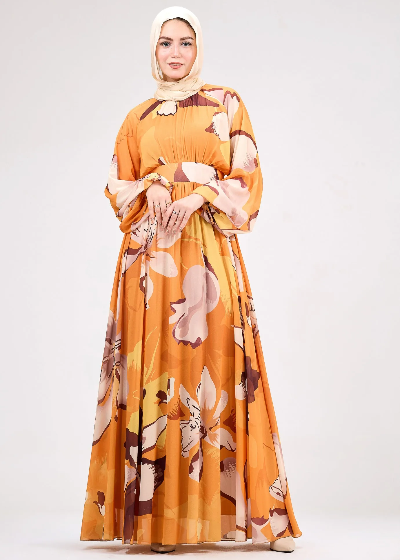 Mariyah Autumnal Bloom Modesty Dress in Bold Floral Print – Chiffon Maxi