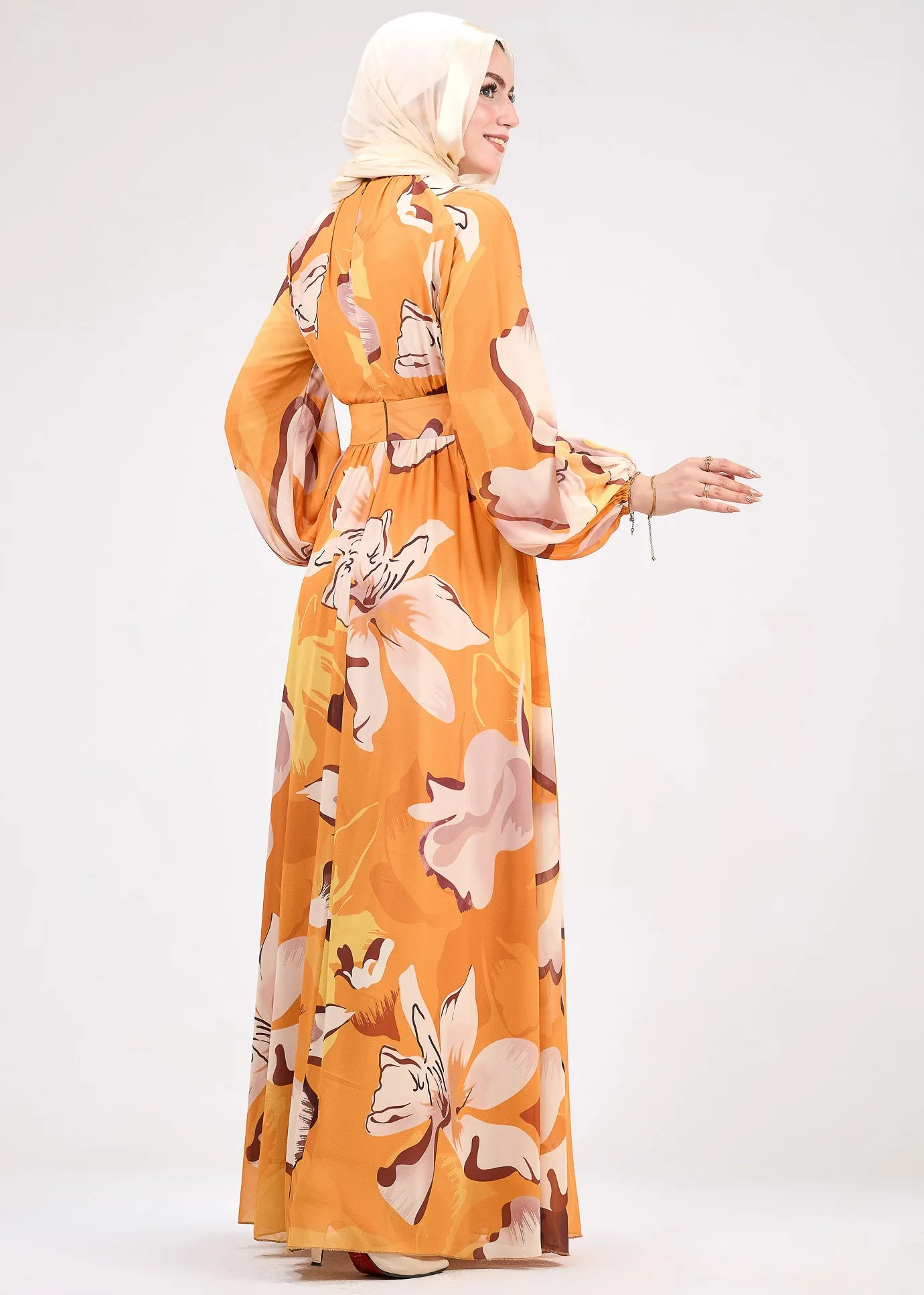 Mariyah Autumnal Bloom Modesty Dress in Bold Floral Print – Chiffon Maxi