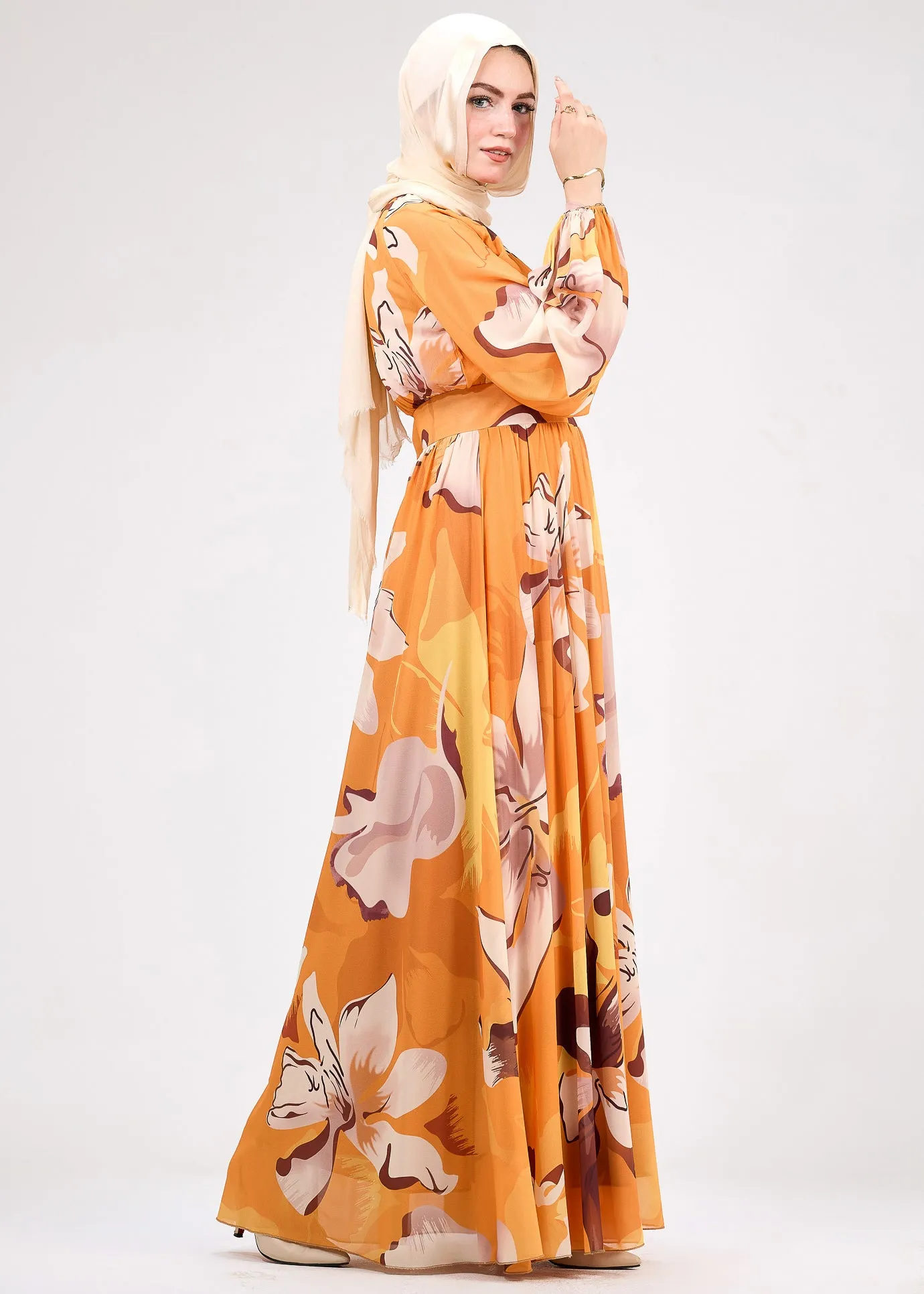 Mariyah Autumnal Bloom Modesty Dress in Bold Floral Print – Chiffon Maxi