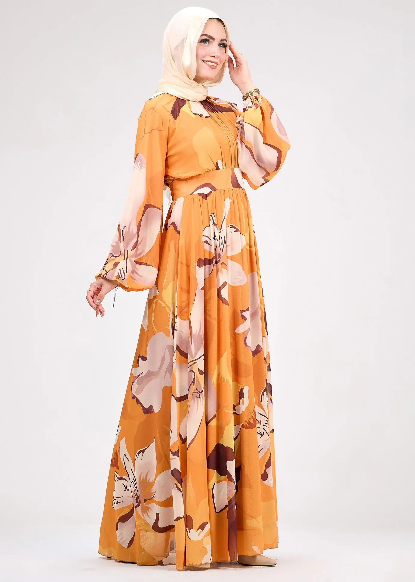 Mariyah Autumnal Bloom Modesty Dress in Bold Floral Print – Chiffon Maxi