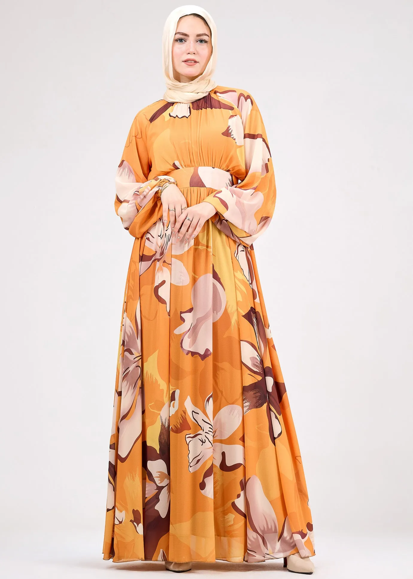 Mariyah Autumnal Bloom Modesty Dress in Bold Floral Print – Chiffon Maxi