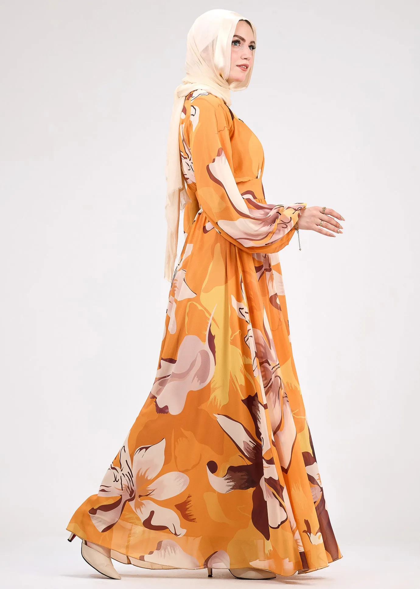 Mariyah Autumnal Bloom Modesty Dress in Bold Floral Print – Chiffon Maxi