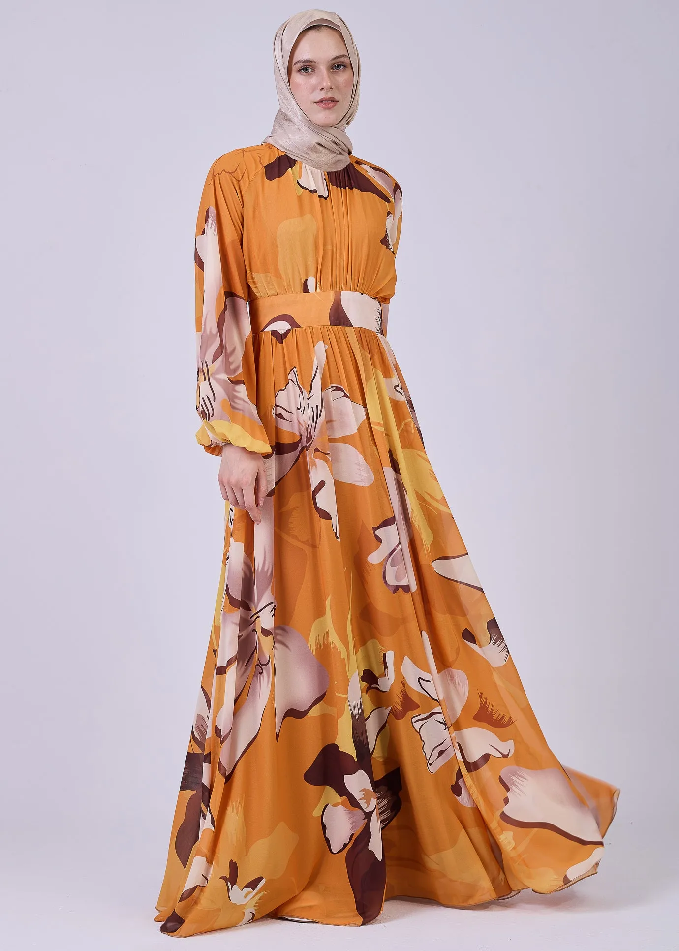 Mariyah Autumnal Bloom Modesty Dress in Bold Floral Print – Chiffon Maxi