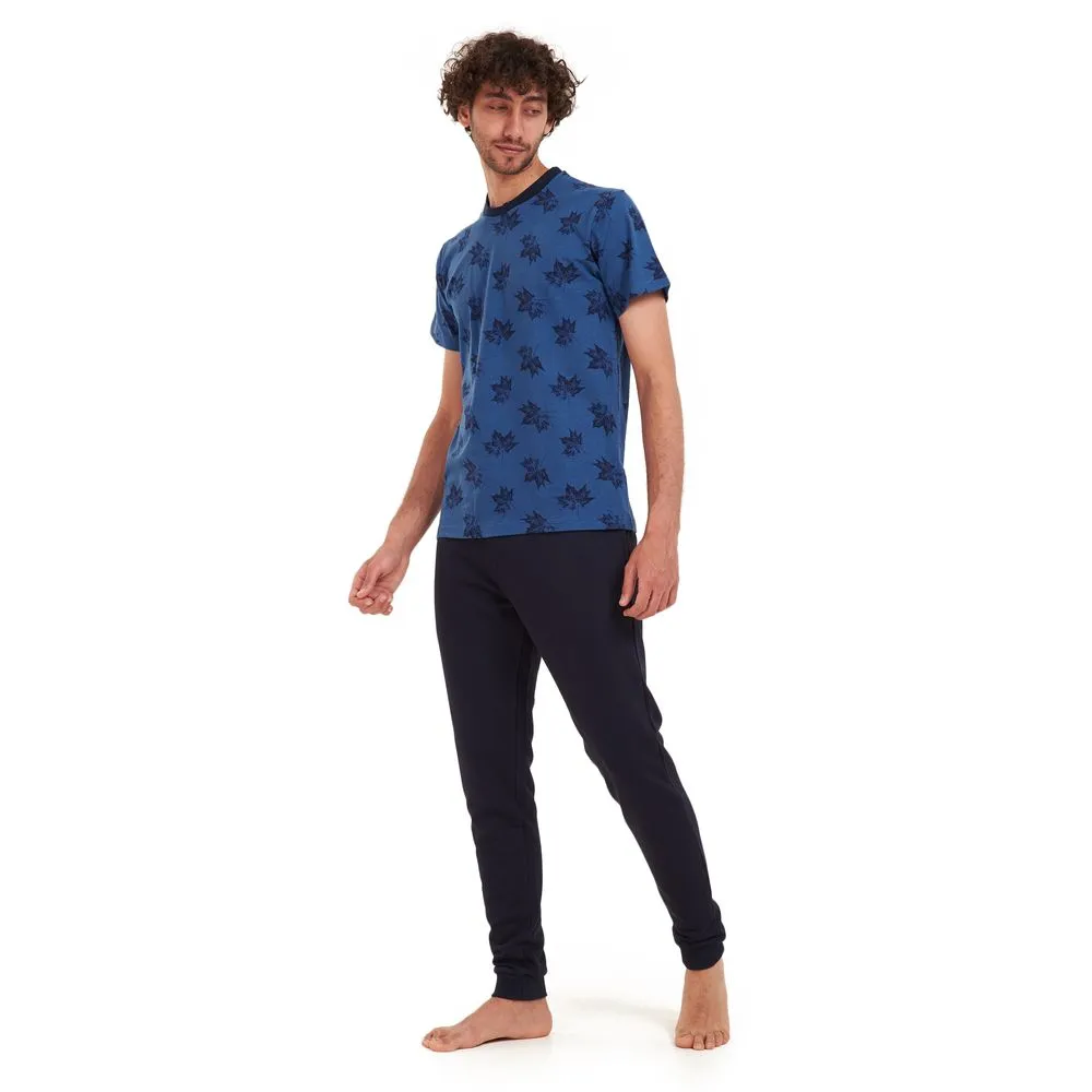 Men summer pajama set Black leaves T-shirt  Dark blue pants