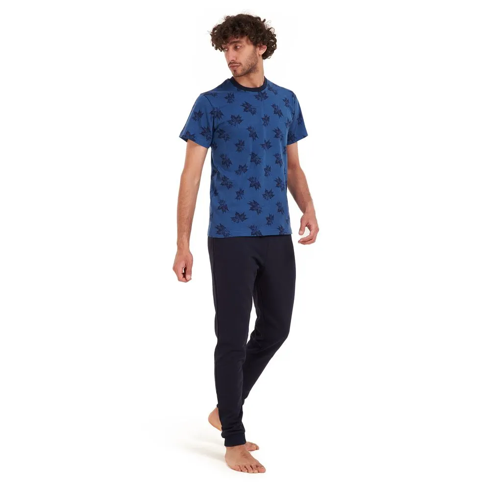 Men summer pajama set Black leaves T-shirt  Dark blue pants