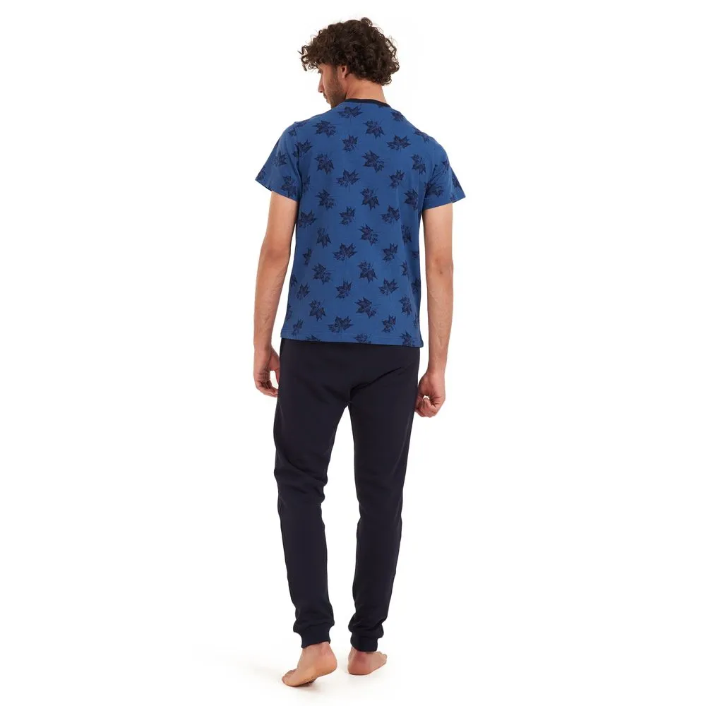 Men summer pajama set Black leaves T-shirt  Dark blue pants