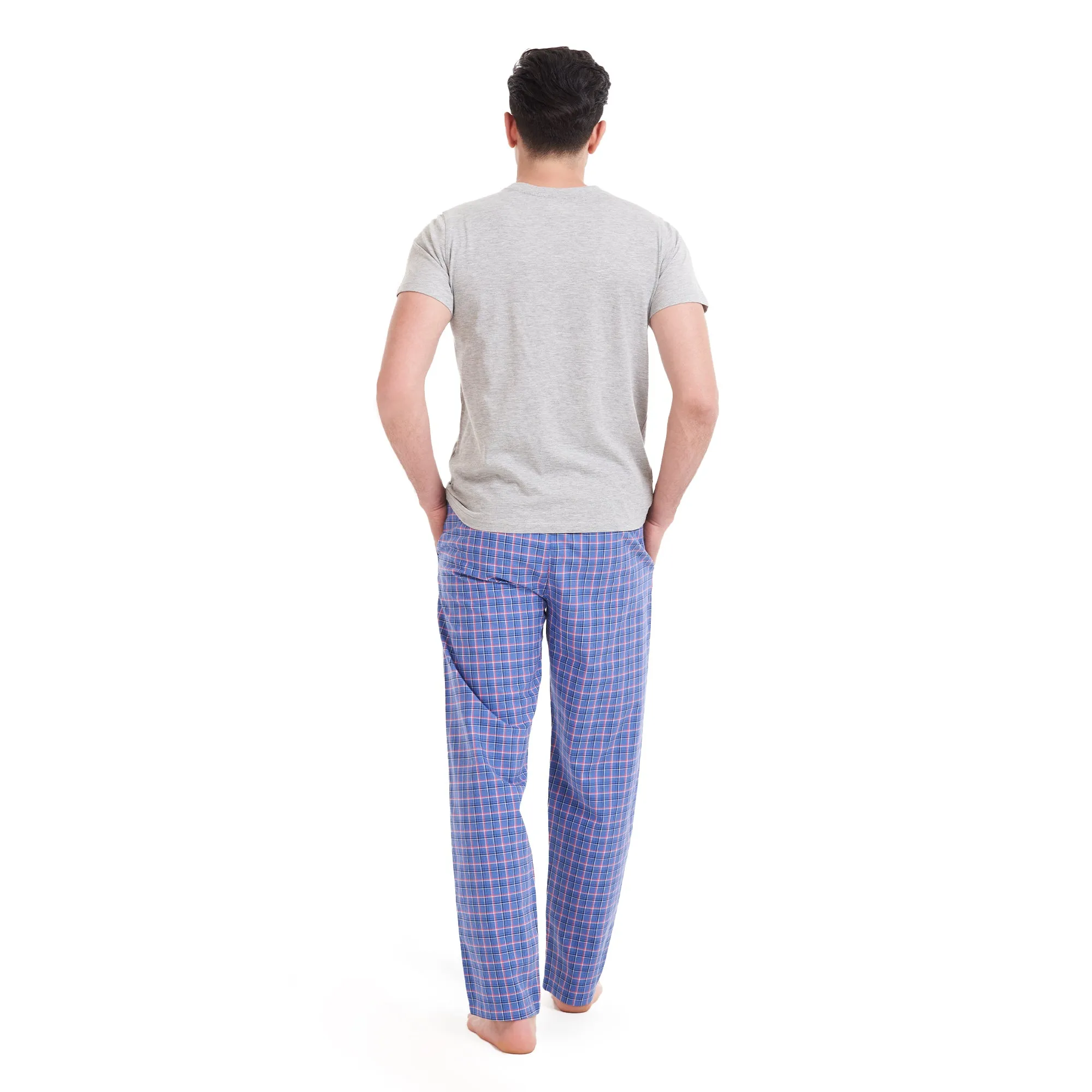 Men summer pajama set Grey T-shirt  Blue x Light Red checkered pants