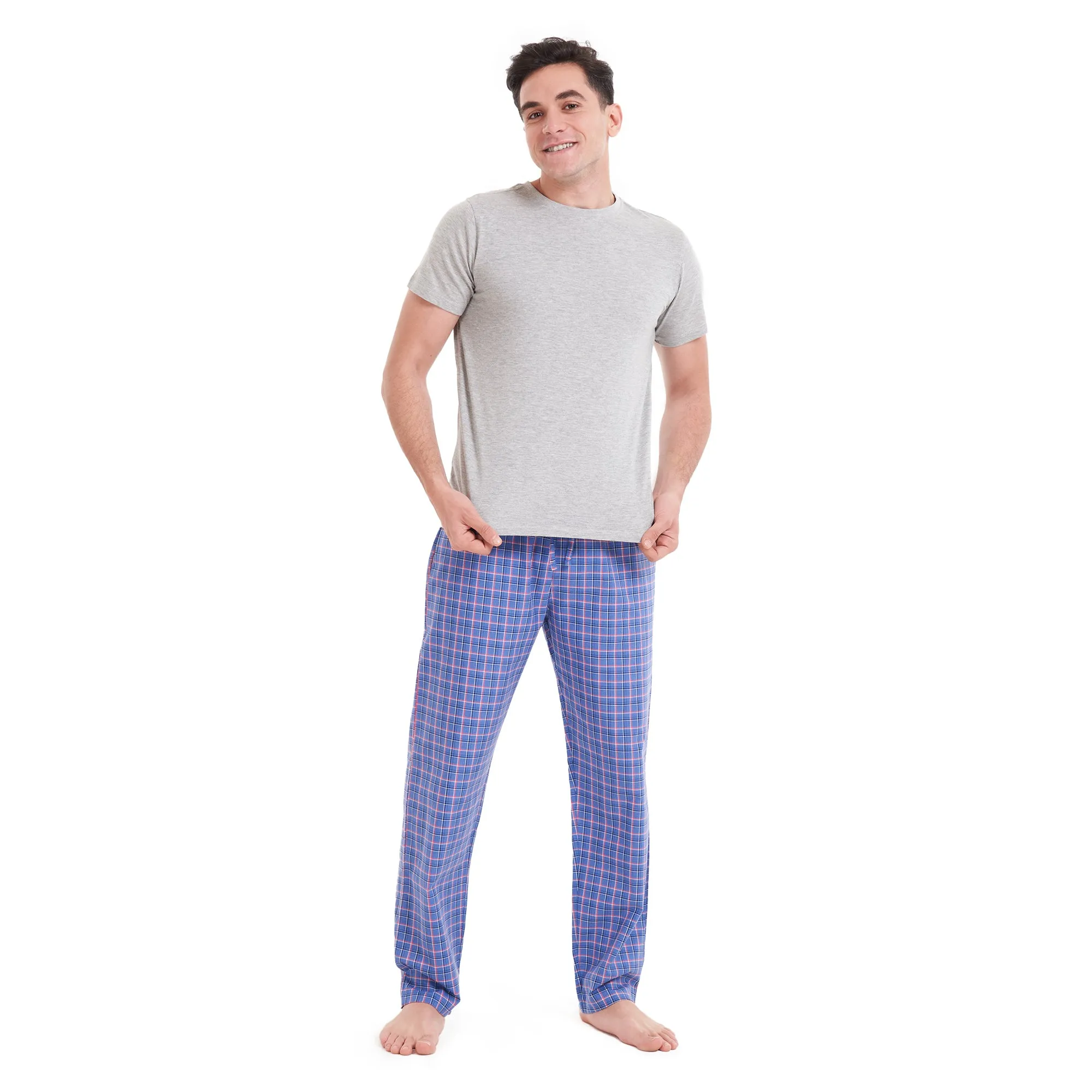 Men summer pajama set Grey T-shirt  Blue x Light Red checkered pants