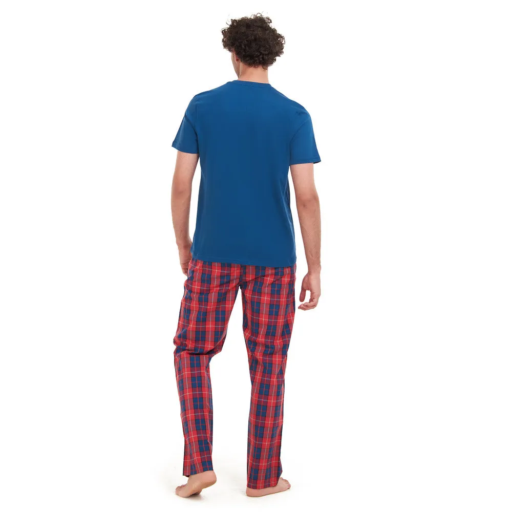 Men summer pajama set Indigo T-shirt    Red x Indigo Checkered pants