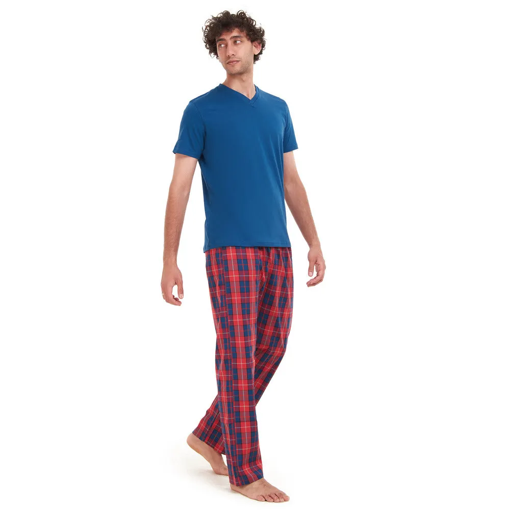 Men summer pajama set Indigo T-shirt    Red x Indigo Checkered pants