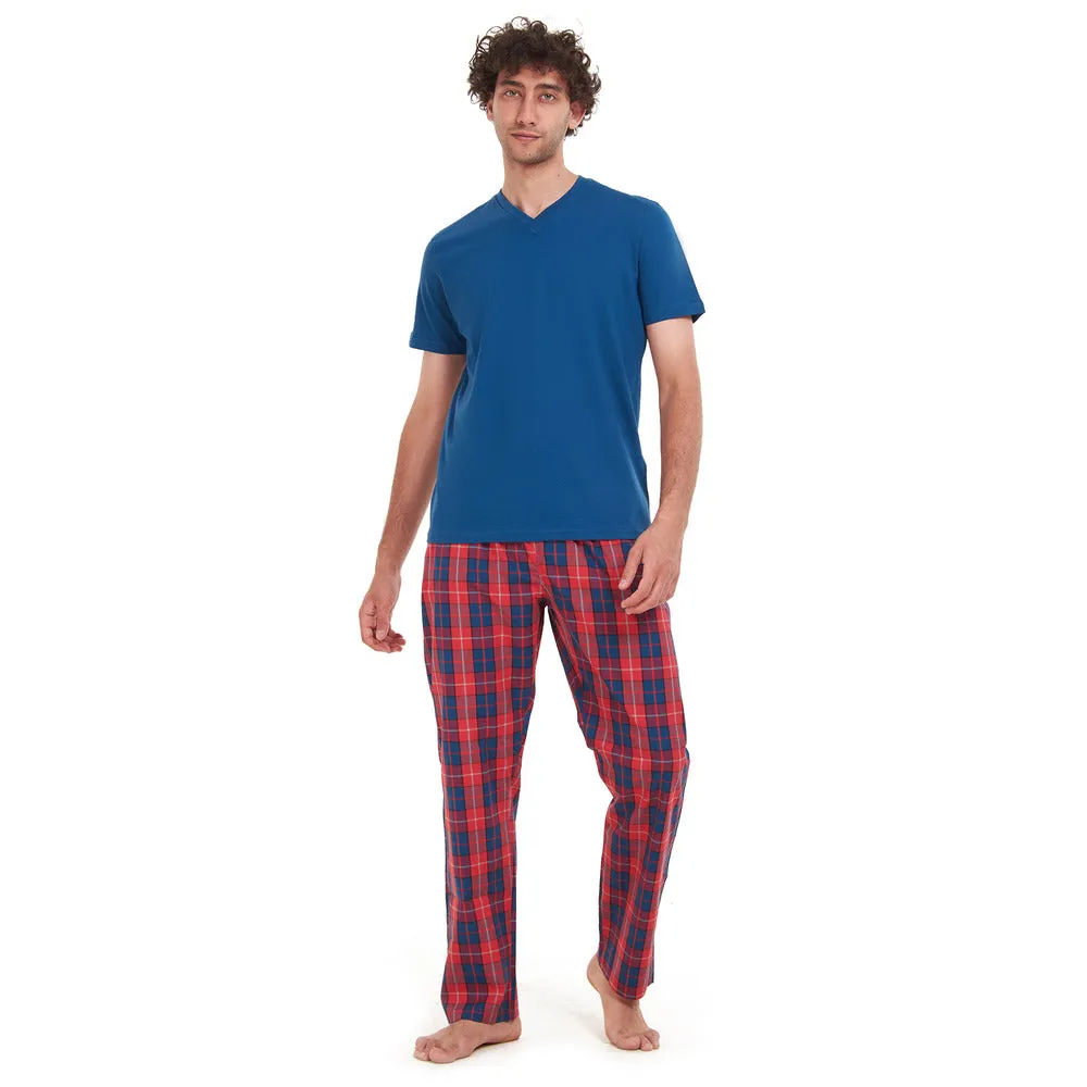 Men summer pajama set Indigo T-shirt    Red x Indigo Checkered pants