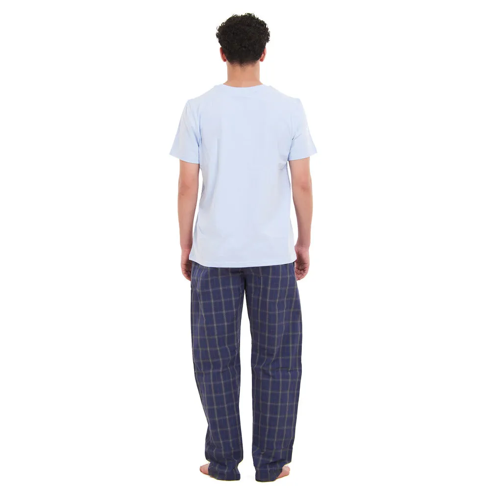 Men summer pajama set  Light Blue T-shirt   Dark Blue x Grey Checkered Pants