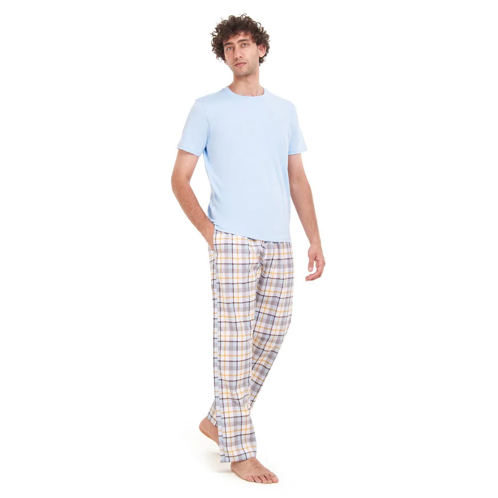 Men summer pajama set Light Blue T-shirt  Light Blue x Yellow Checkered pants