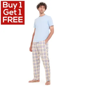 Men summer pajama set Light Blue T-shirt  Light Blue x Yellow Checkered pants