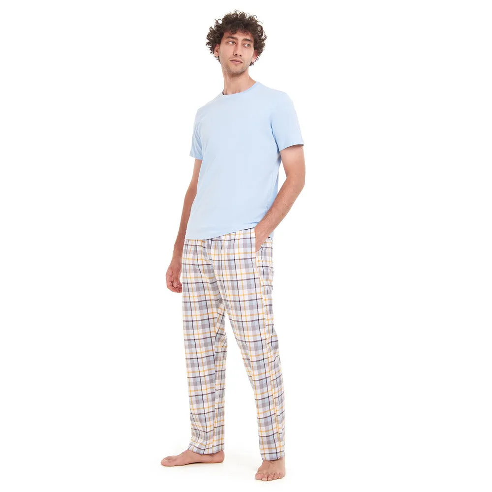 Men summer pajama set Light Blue T-shirt  Light Blue x Yellow Checkered pants