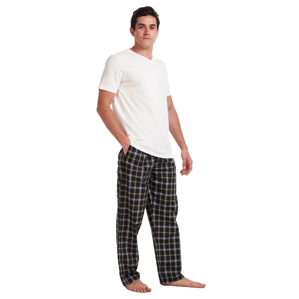 Men summer pajama set Off white T-shirt   Black x yellow checkered pants