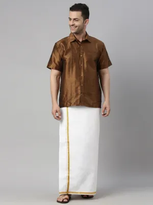 Men's Coffee And White Silk Blend Shirt And Mundu - Vastramay