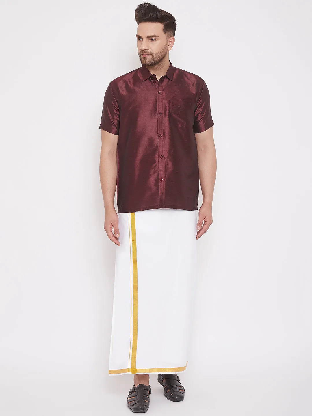 Men's Wine Silk Blend Ethnic Shirt - Vastramay