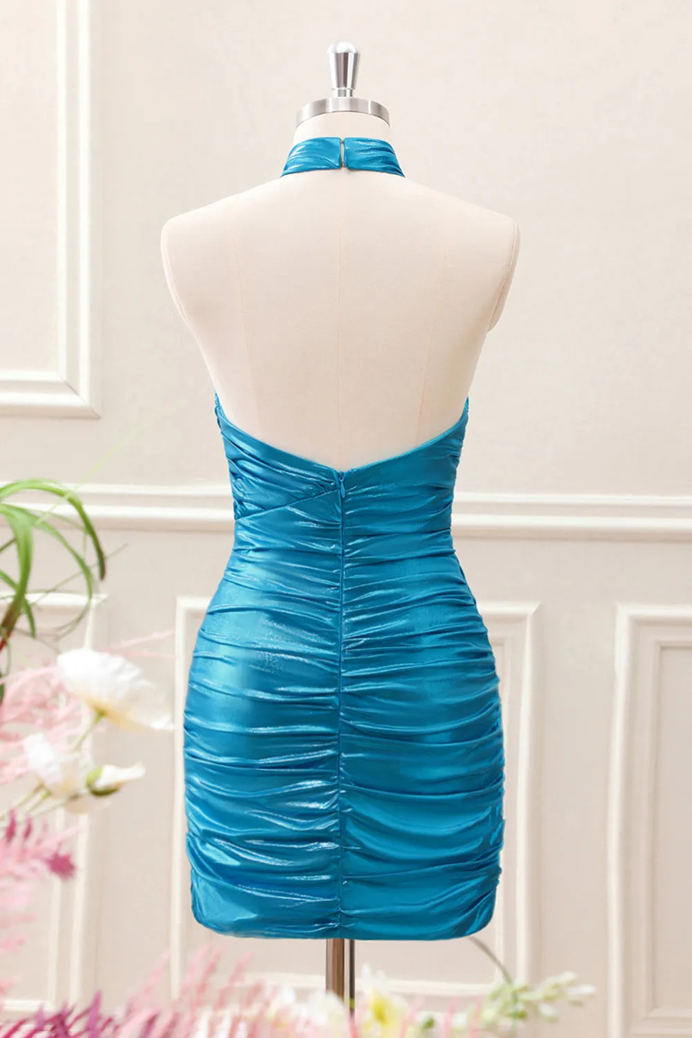 Metallic Tight Halter Backless Satin Blue Mini Dress