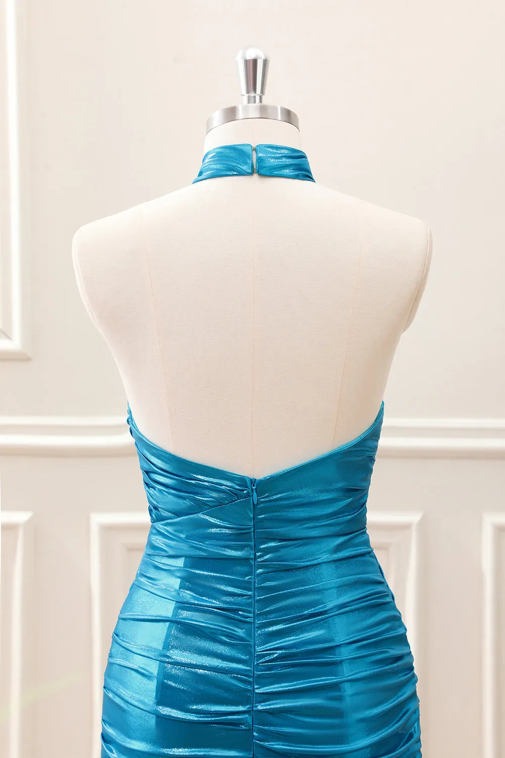 Metallic Tight Halter Backless Satin Blue Mini Dress