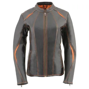 Milwaukee Leather MLL2502 Women's 'Laser Cut' Distressed Black and Orange Scuba Style Racer Jacket