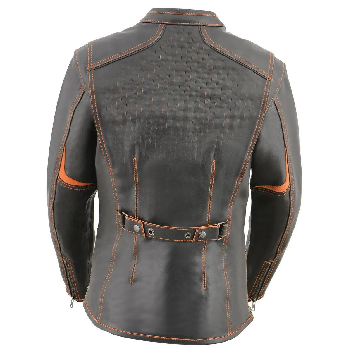 Milwaukee Leather MLL2502 Women's 'Laser Cut' Distressed Black and Orange Scuba Style Racer Jacket