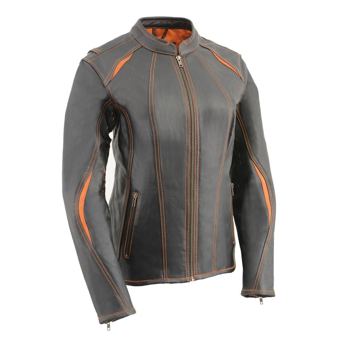 Milwaukee Leather MLL2502 Women's 'Laser Cut' Distressed Black and Orange Scuba Style Racer Jacket