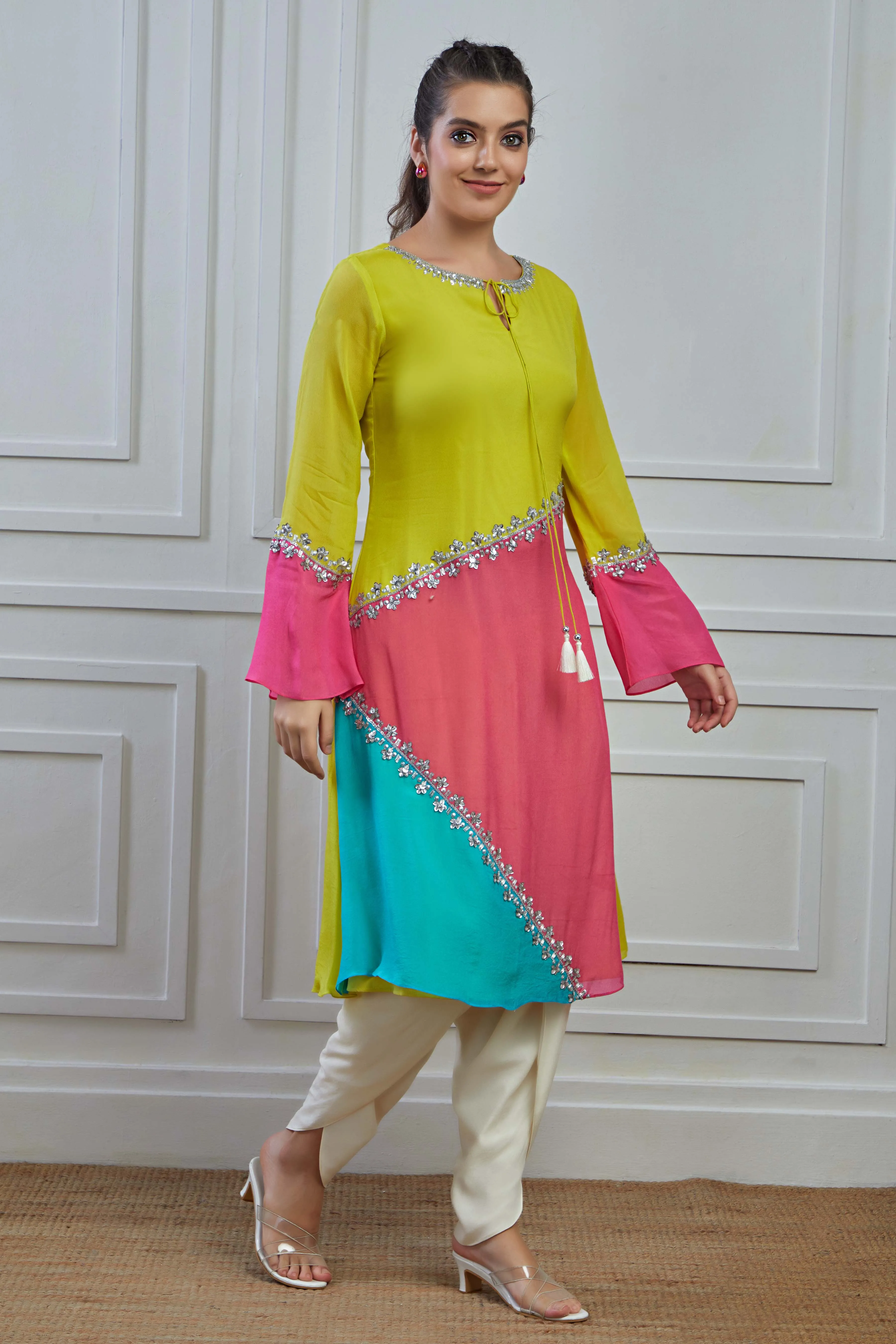 Multicolour Embellished Crepe Silk Kurta Dhoti Set